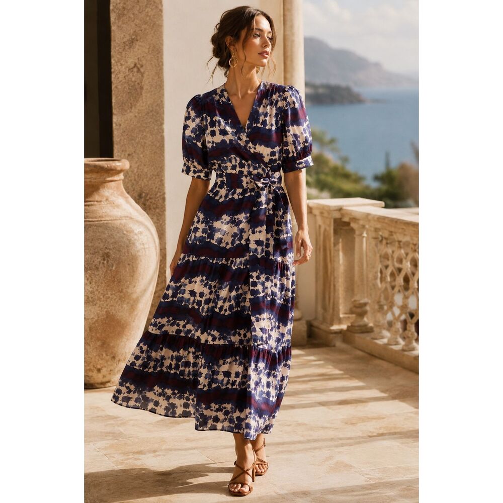 Marie Oliver Rhett Abstract Print Wrap Midi Dress Mediterranean Coastal Resort C